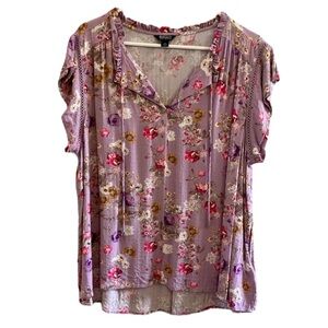 NWT Buffalo David Bitton Lilac Pink Tie Blouse Floral Short Sleeve Large